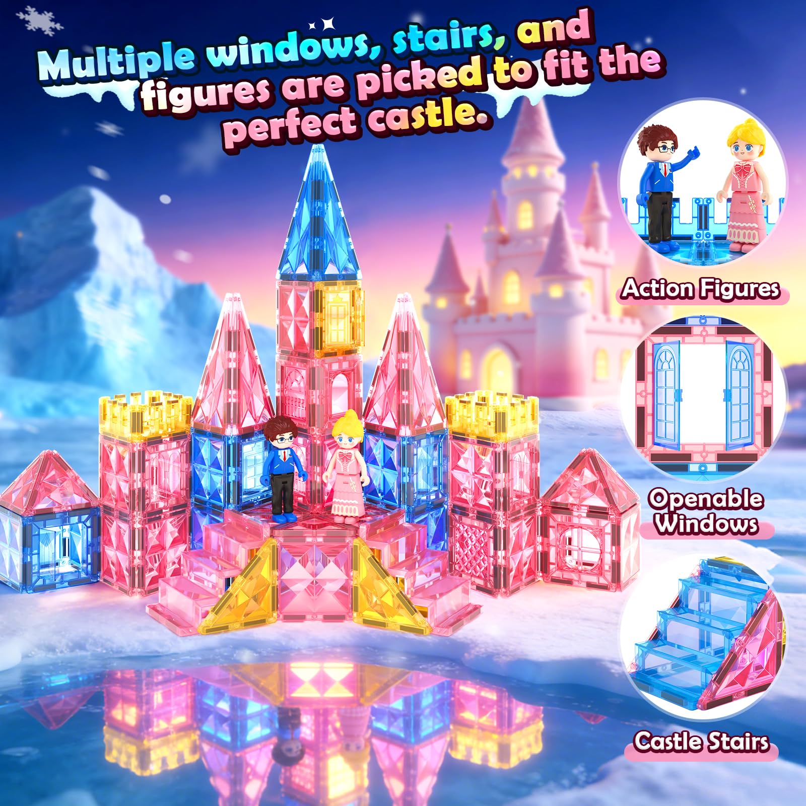 Magnetic Tiles 102pcs with 2 Stairs 2 Dolls Princess Castle Magnetic Building Blocks Girl Birthday Gifts