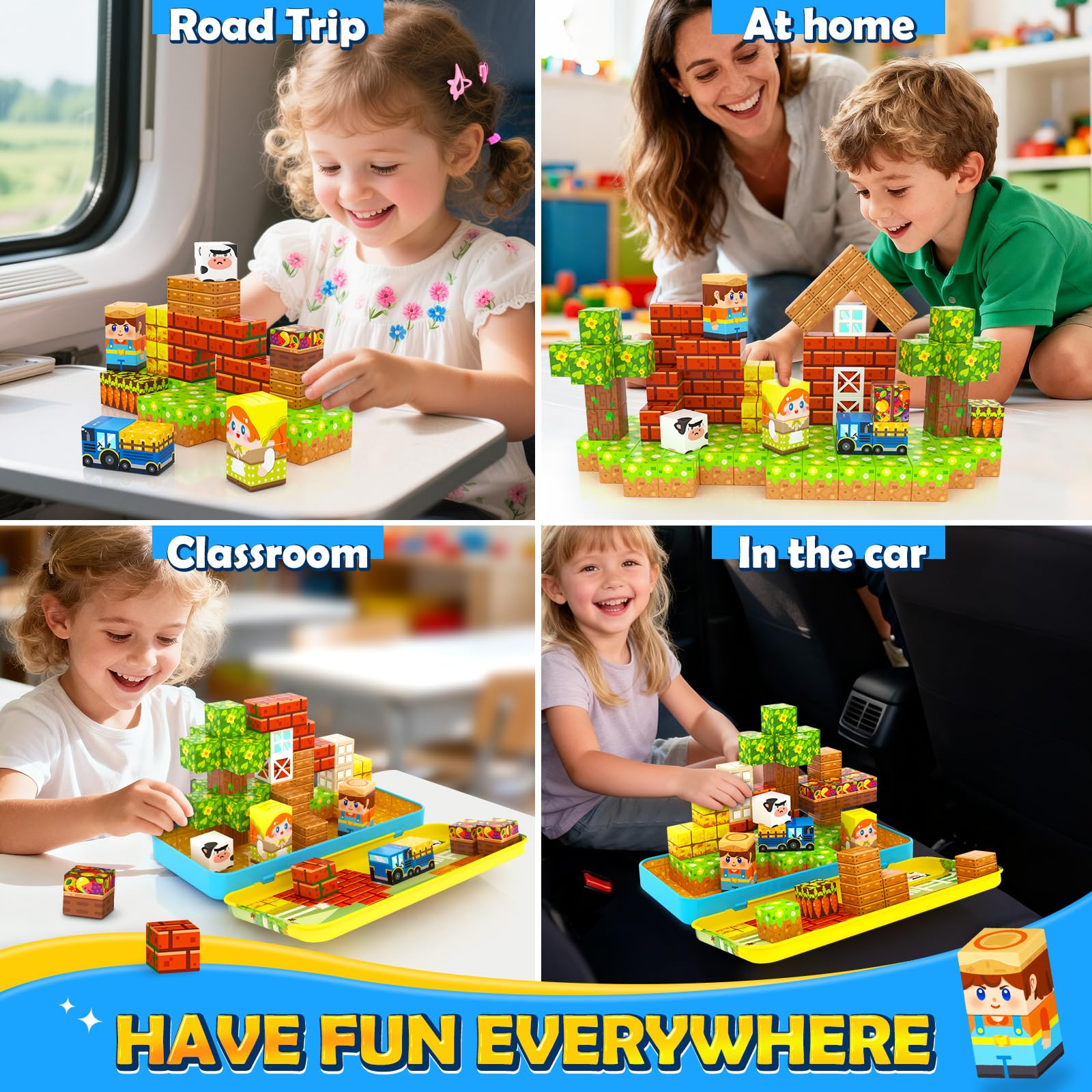 Magnetic Blocks Travel Toddler Toys Magnet Building Tiles 36 PCS Construction Cubes STEM Sensory Learning Farm Toys