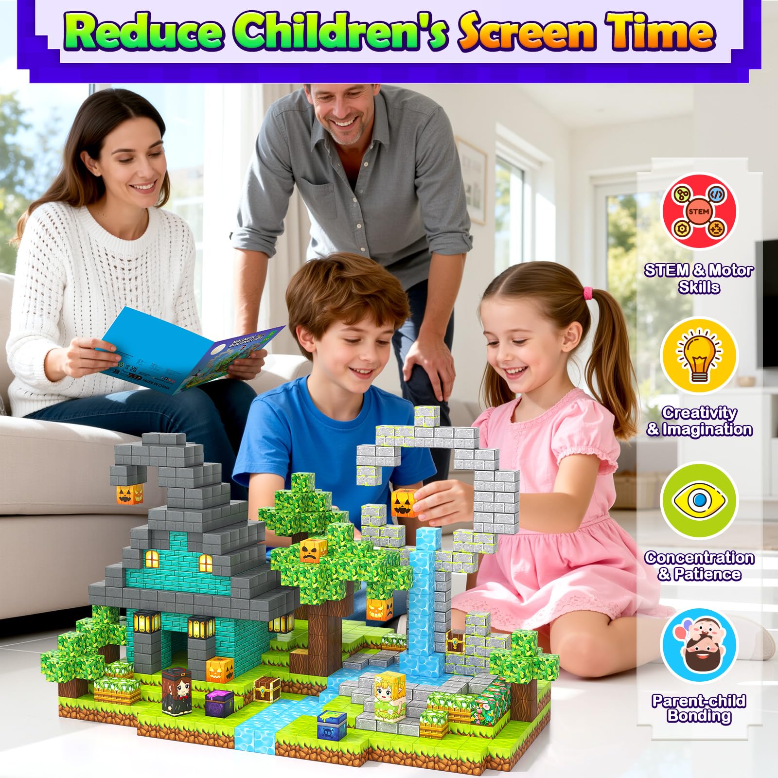 Magnetic Blocks - 100 Building Blocks Mine Magnets Building Craft Autistic Kids Friendly Sensory Toys
