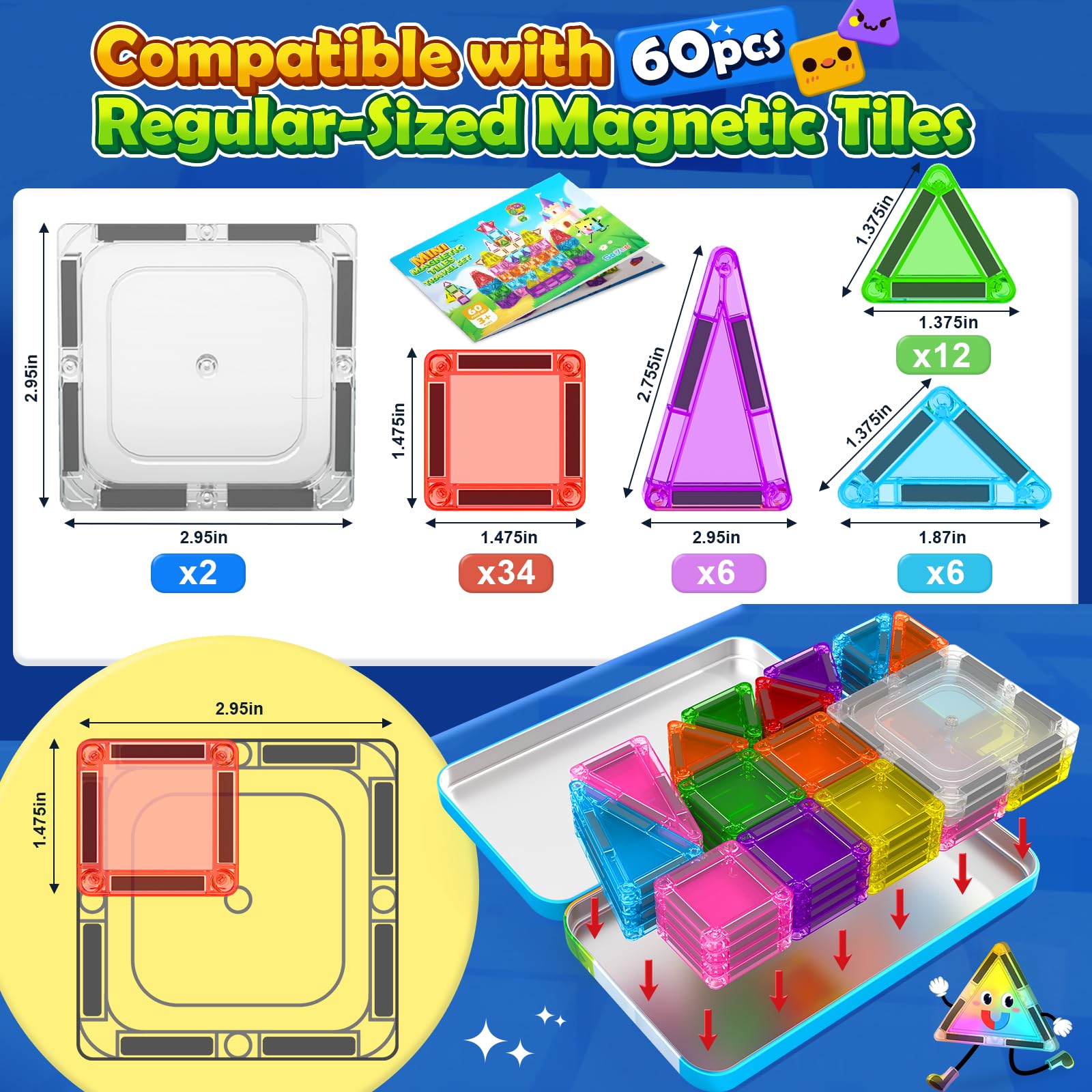 Mini Travel Magnetic Tiles 60PCS with Metal Tin Case Toddler Kids Toys Travel Essentials, Toddler Travel Toys Portable STEM Building Blocks