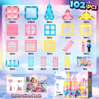 Magnetic Tiles 102pcs with 2 Stairs 2 Dolls Princess Castle Magnetic Building Blocks Girl Birthday Gifts