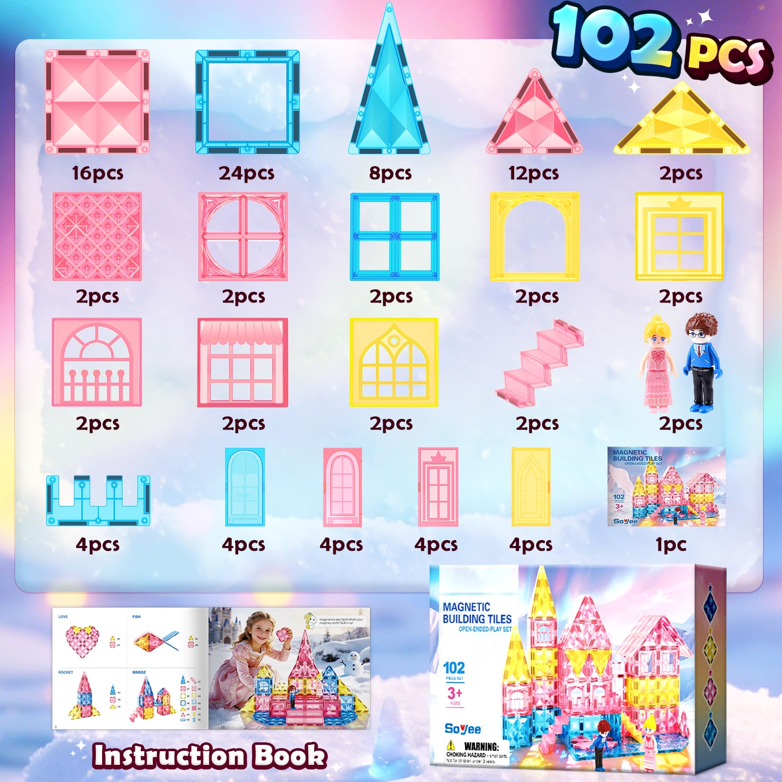 Magnetic Tiles 102pcs with 2 Stairs 2 Dolls Princess Castle Magnetic Building Blocks Girl Birthday Gifts