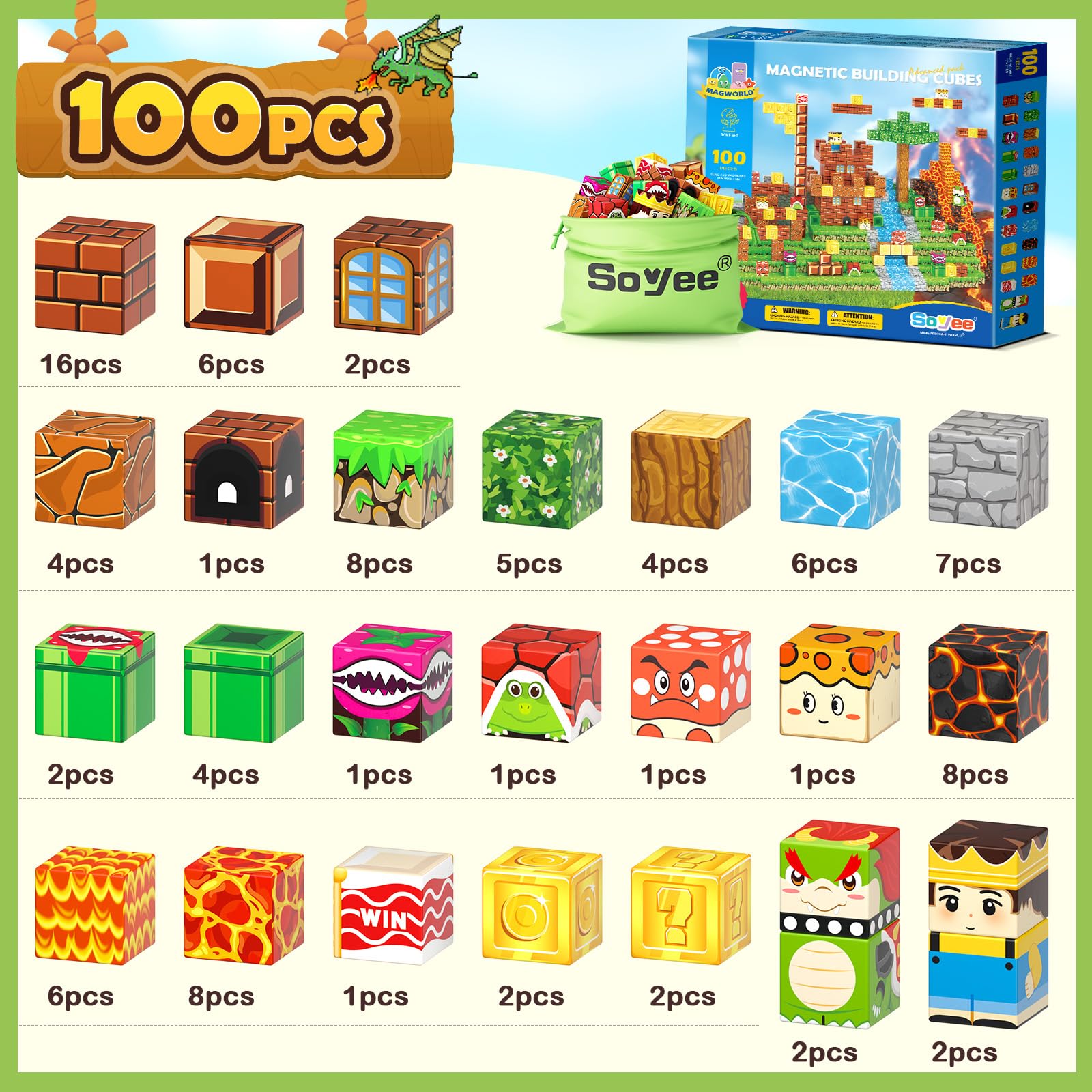 Magworld 100pcs Magnetic Blocks - Build Mine Magnet World Game Adventure Set STEM Building Toys for Kids 3+