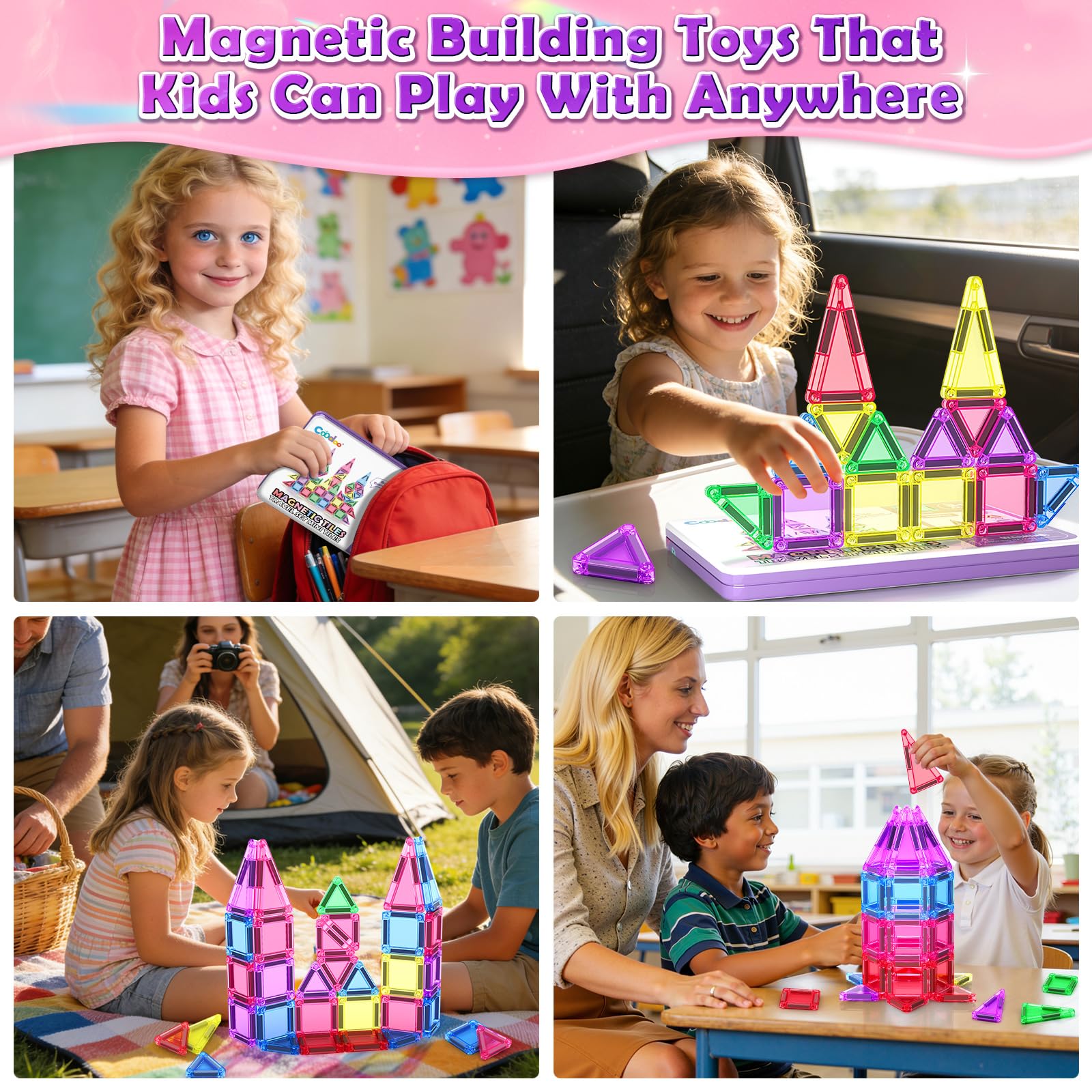 Magnetic Tiles Mini Travel Toys Set for Kids 40 PCS, Magnetic Blocks Building Toy Preschool Classroom Must Haves, Montessori  Toys