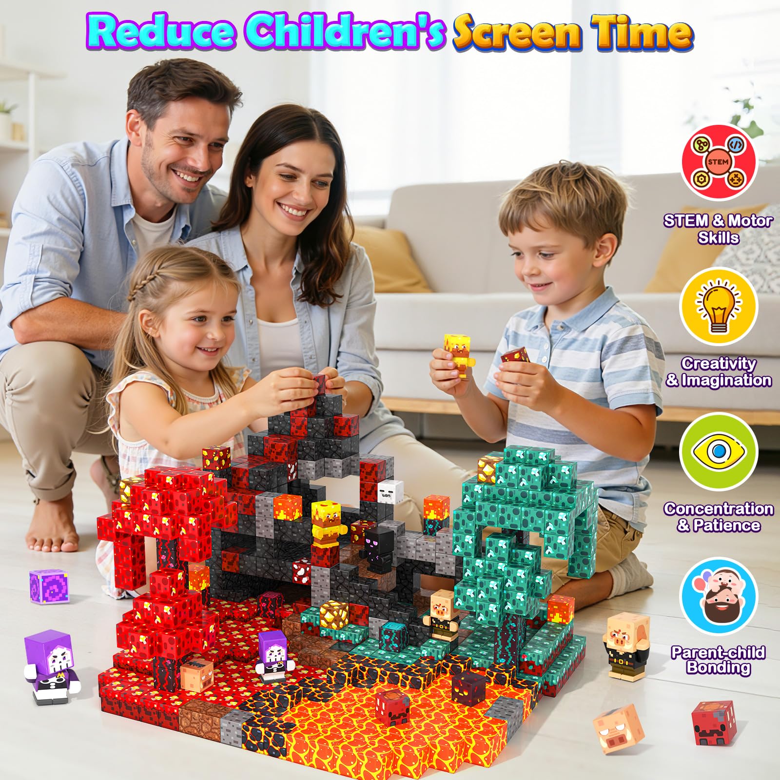 300PCS 0.8in Magnetic Blocks, 8 Strong Magnets Building Cubes Support Misaligned Stacking, Nether Theme STEM Toys