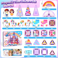 Mini Magnetic Tiles Building Blocks with 4 Unicorn Toys Girls Toys Gifts