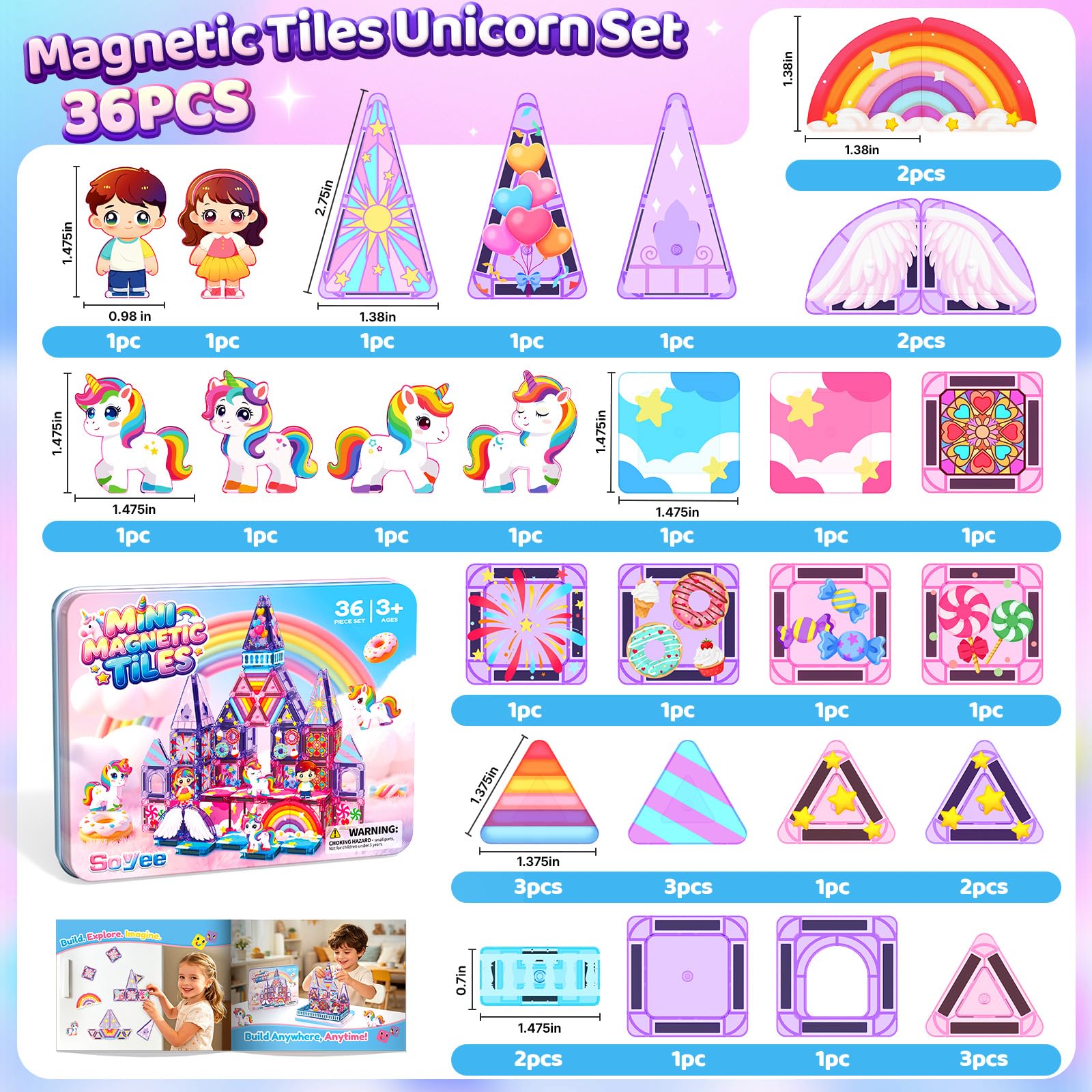 Mini Magnetic Tiles Building Blocks with 4 Unicorn Toys Girls Toys Gifts