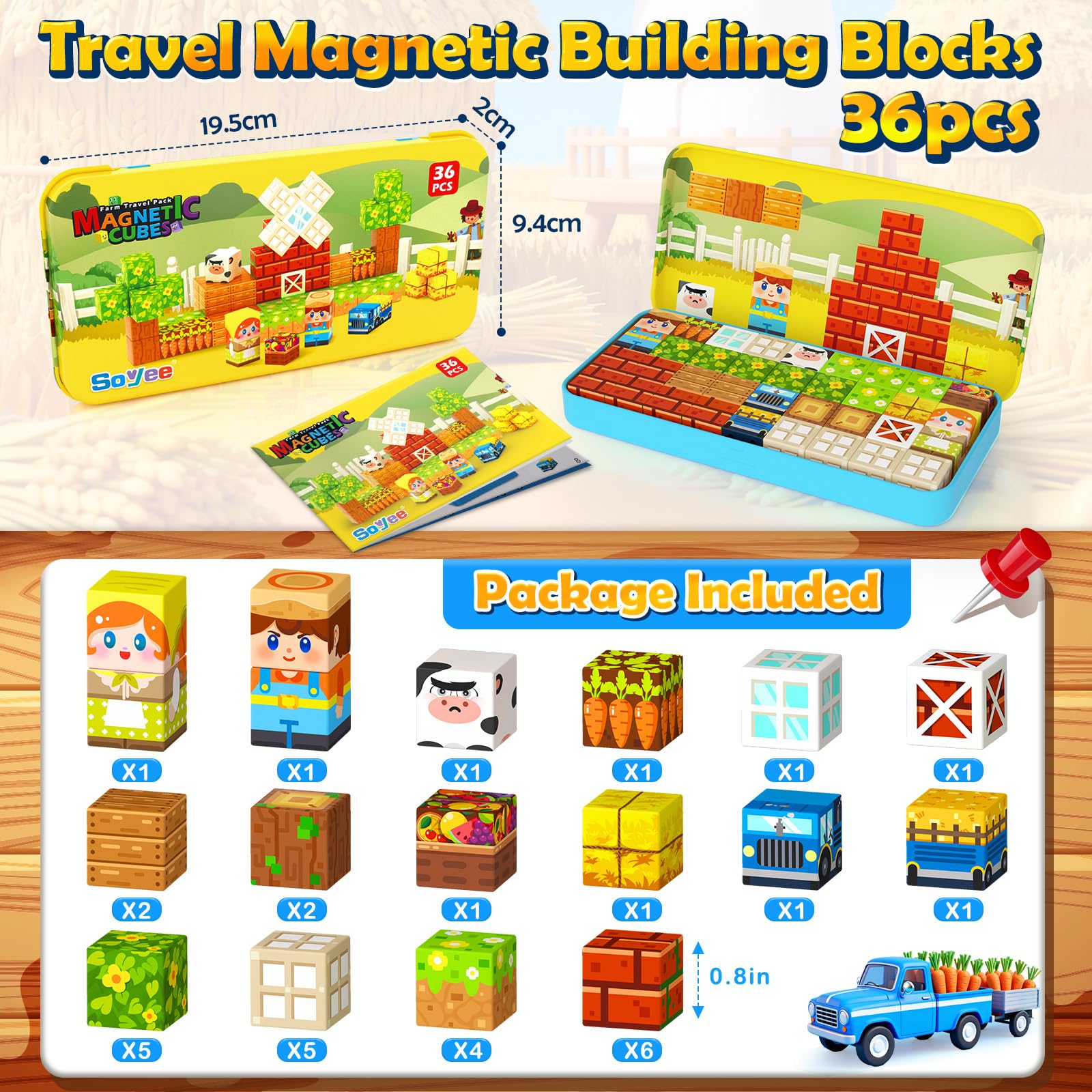 Magnetic Blocks Travel Toddler Toys Magnet Building Tiles 36 PCS Construction Cubes STEM Sensory Learning Farm Toys