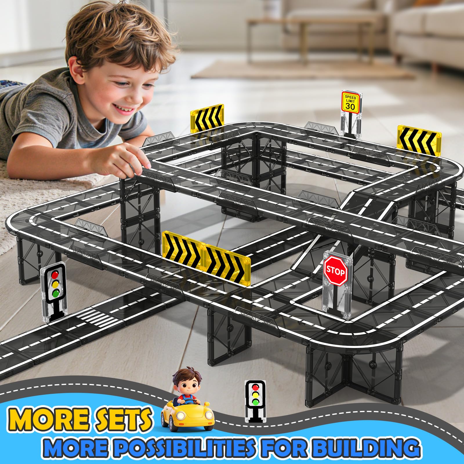 Magnetic Tiles Road Expansion Pack 42 PCS, STEM Magnetic Building Blocks for Kids, Educational Montessori Sensory Toys