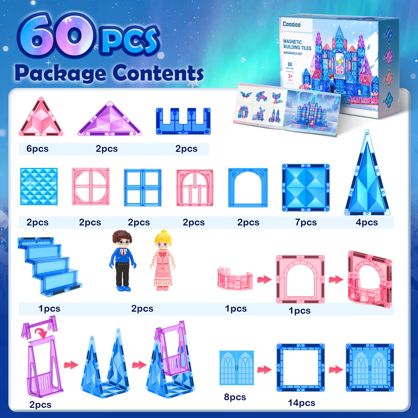 Diamond Magnetic Tiles & Building Blocks 60 PCS — Princess Toys for Girls & Boys, Toddler Girl Gifts