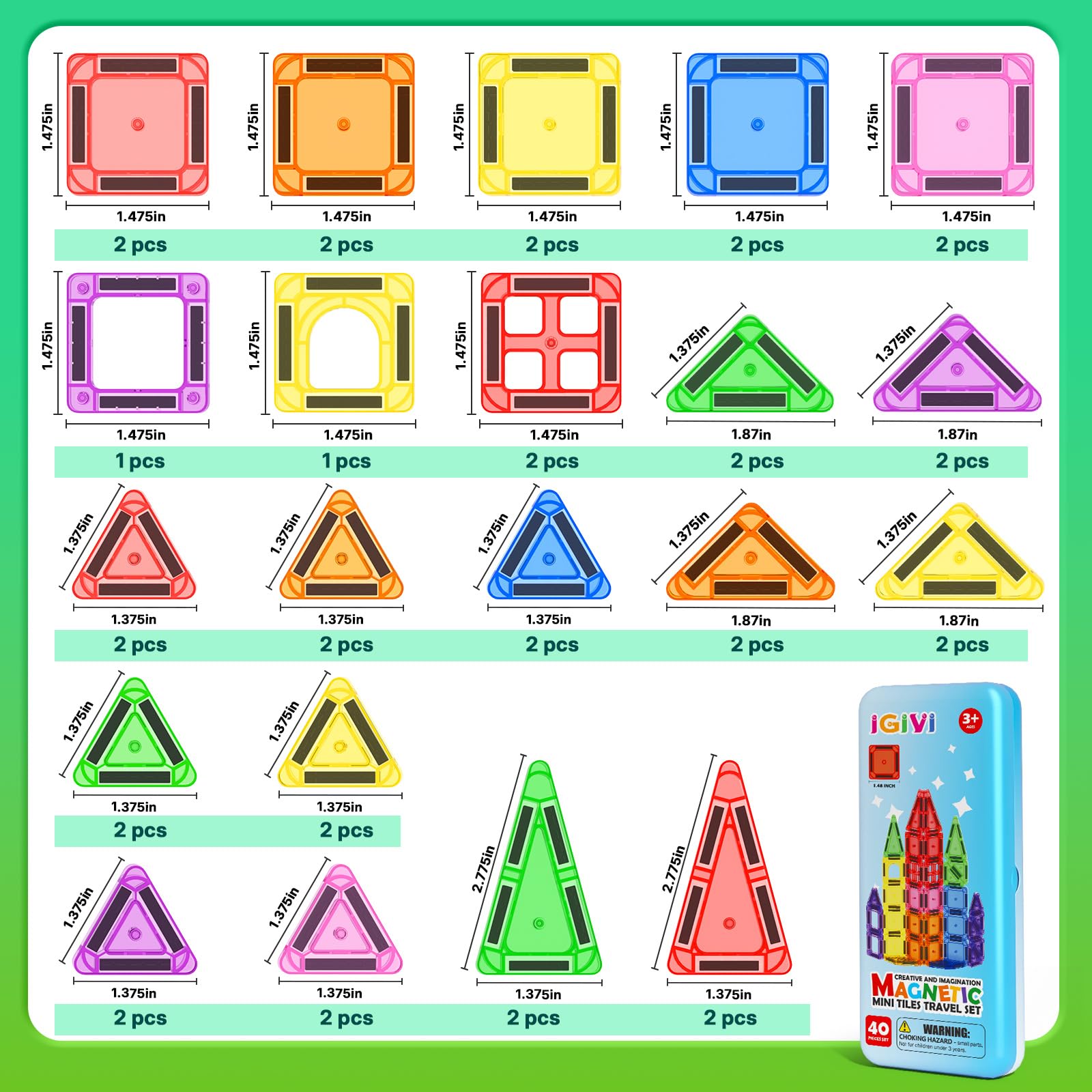 Mini Magnetic Tiles Travel Set with Case 40 PCS Toddler Travel Games for Car Rides & Restaurants