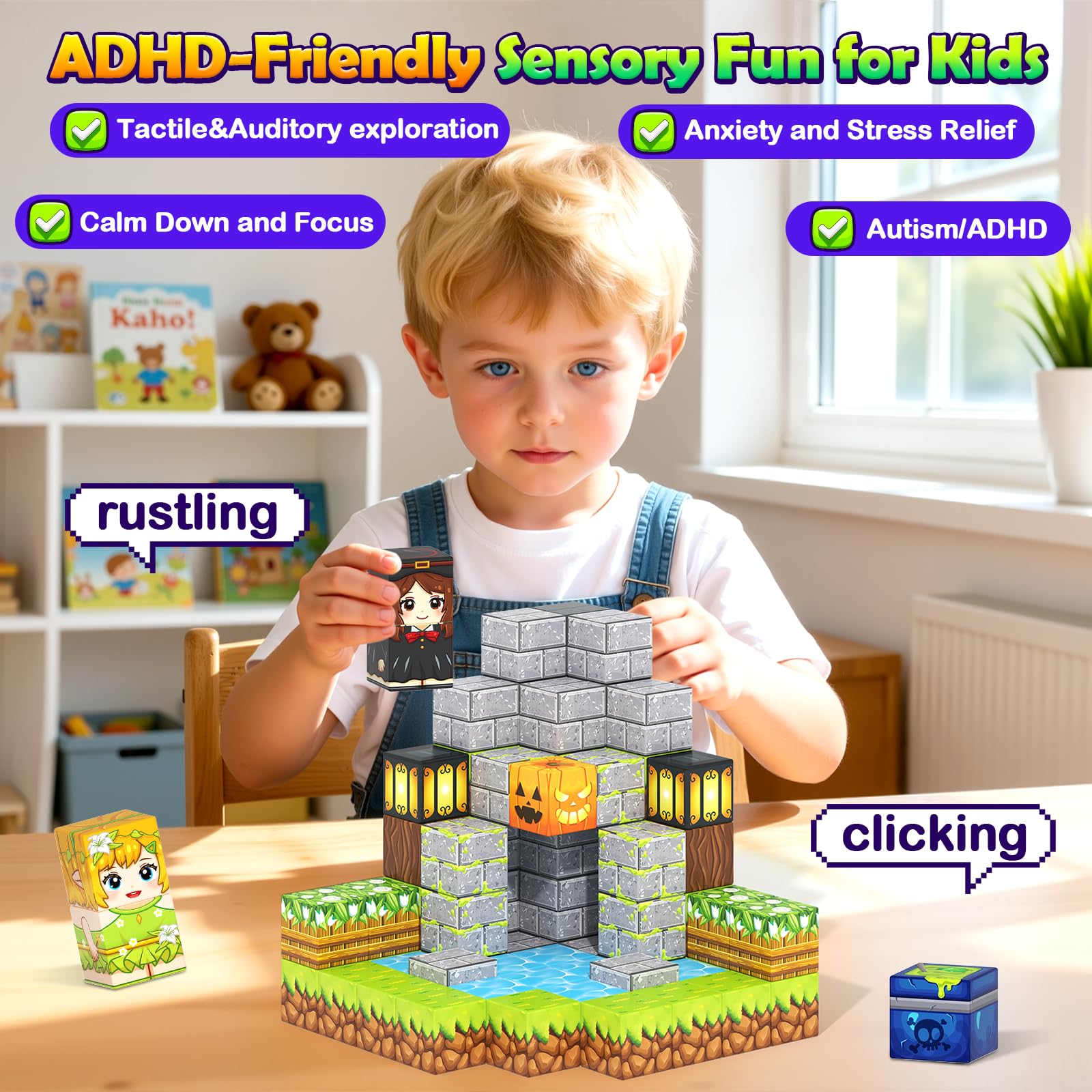 Magnetic Blocks - 100 Building Blocks Mine Magnets Building Craft Autistic Kids Friendly Sensory Toys