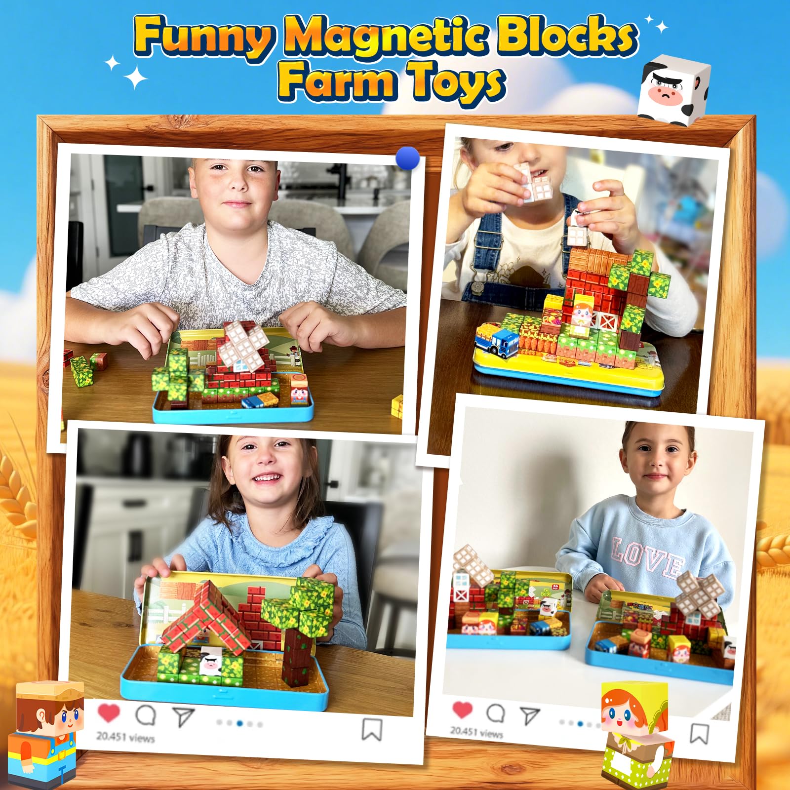 Magnetic Blocks Travel Toddler Toys Magnet Building Tiles 36 PCS Construction Cubes STEM Sensory Learning Farm Toys