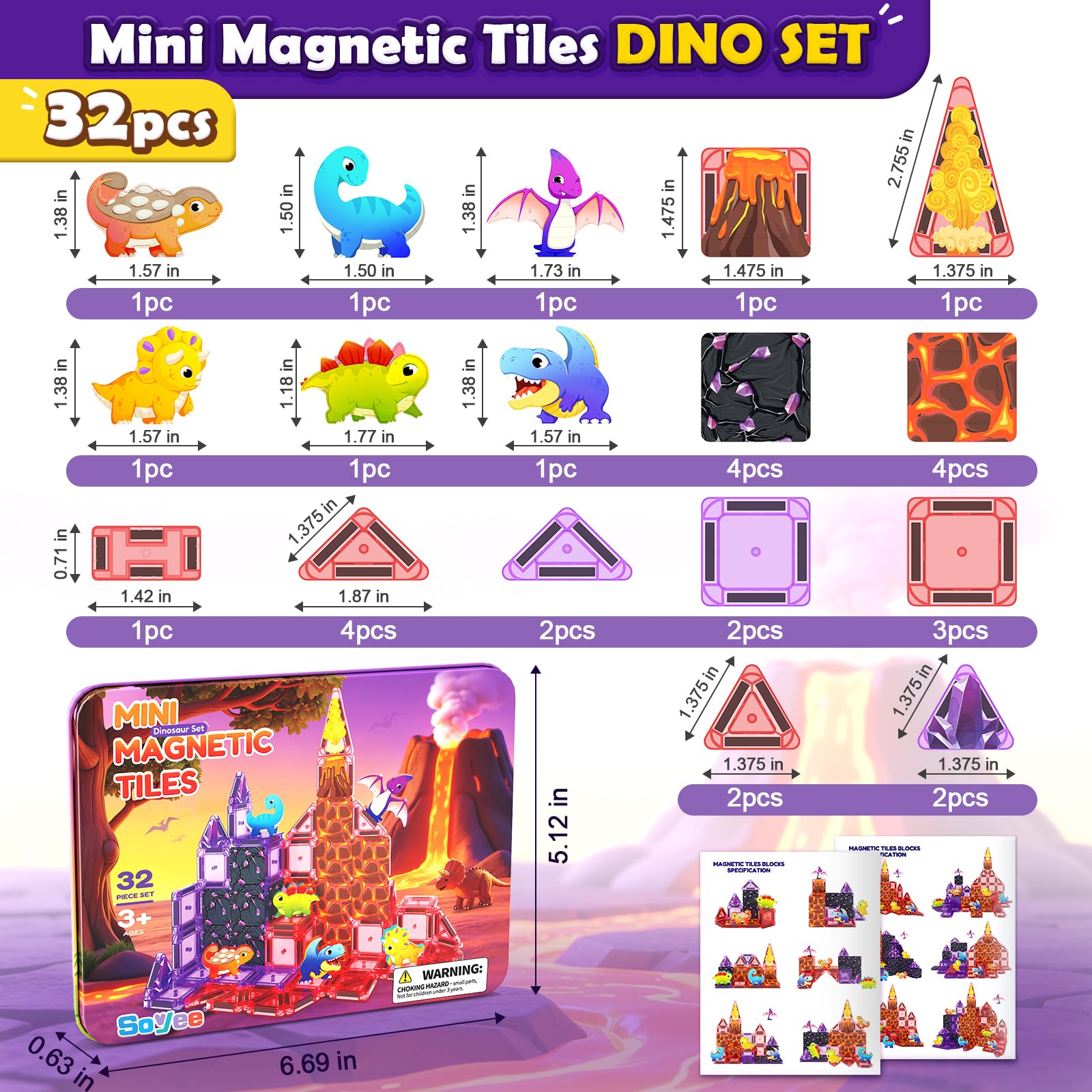 Mini Magnetic Tiles Kids Dinosaur Toys, Magnetic Blocks with 6 Dinosaurs
