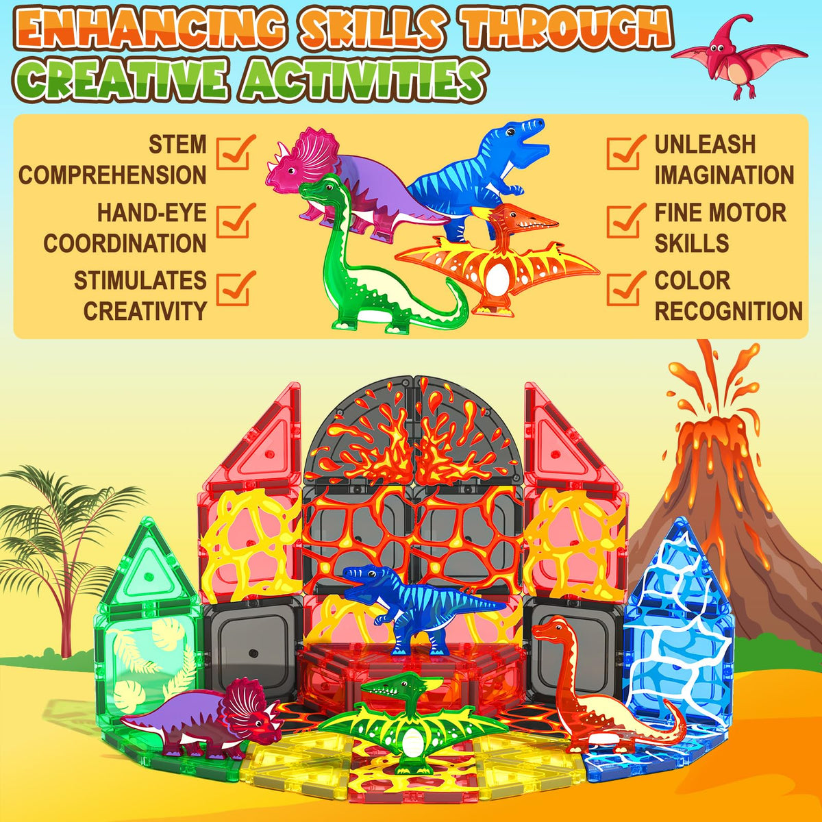42PCS Lava Dinosaur World Set Magnetic Tiles-Coodoo