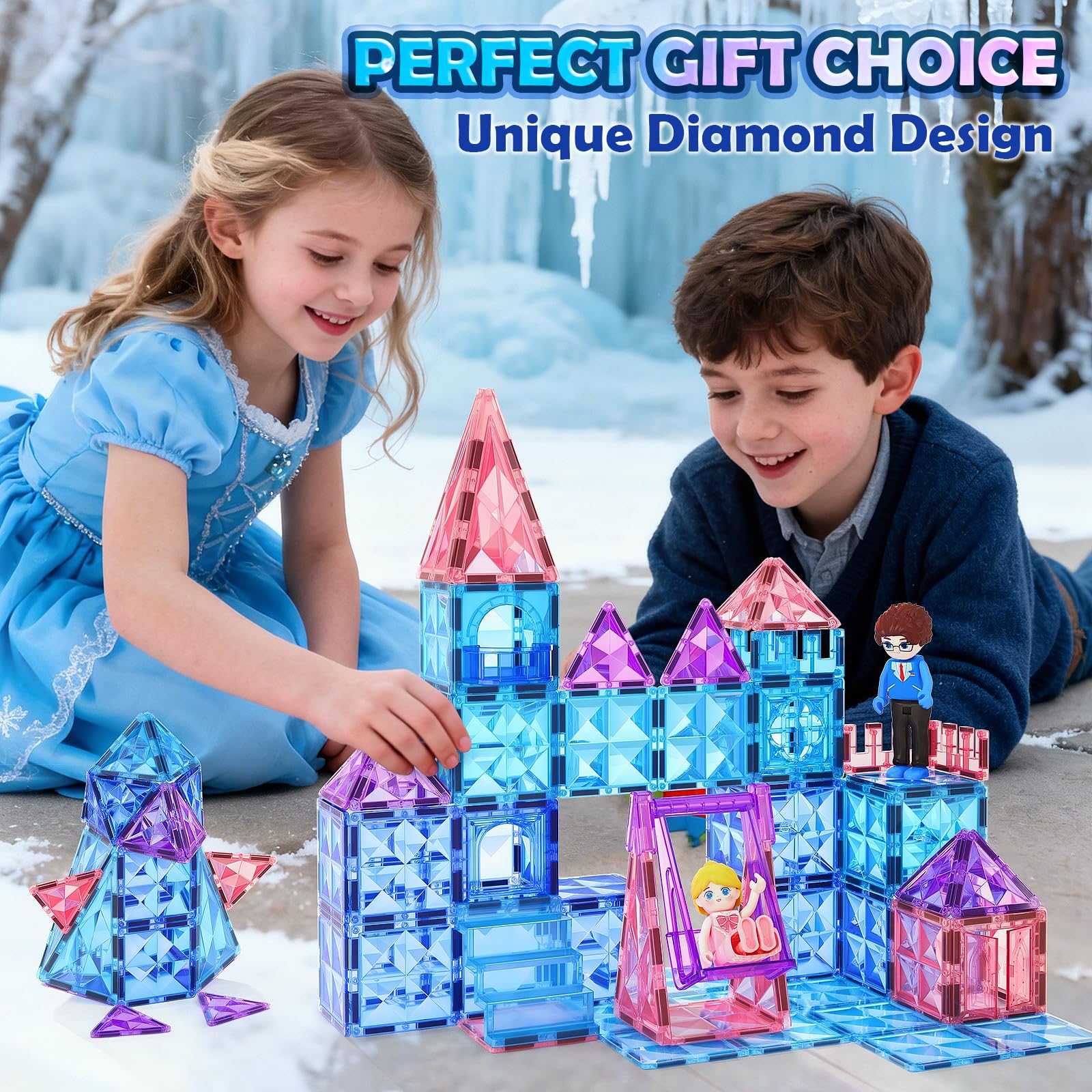Diamond Magnetic Tiles & Building Blocks 60 PCS — Princess Toys for Girls & Boys, Toddler Girl Gifts