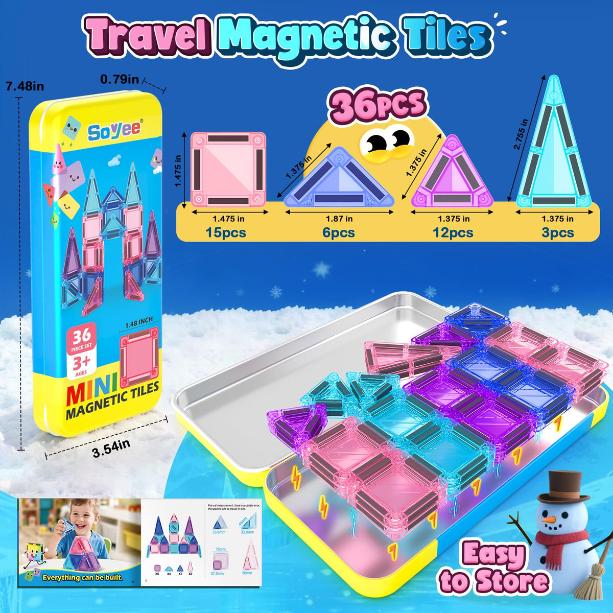 Magnetic Tiles Toddler Toys Travel Essential Games Magnet Building Blocks 36 PCS STEM Sensory Educational Toys