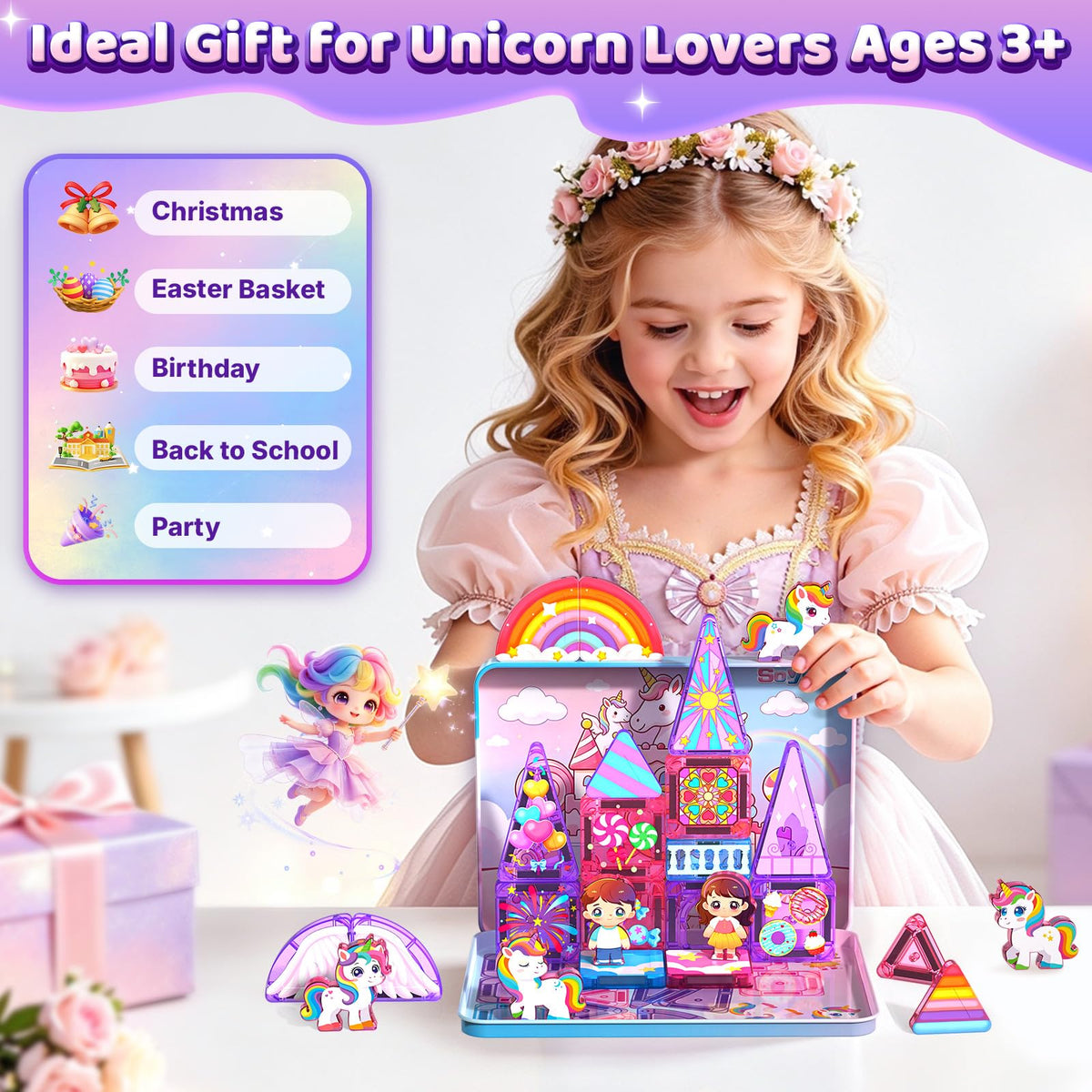 Mini Magnetic Tiles Building Blocks with 4 Unicorn Toys Girls Toys Gifts
