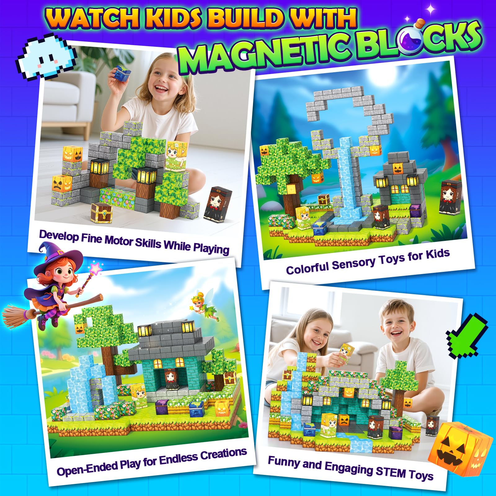 Magnetic Blocks - 100 Building Blocks Mine Magnets Building Craft Autistic Kids Friendly Sensory Toys