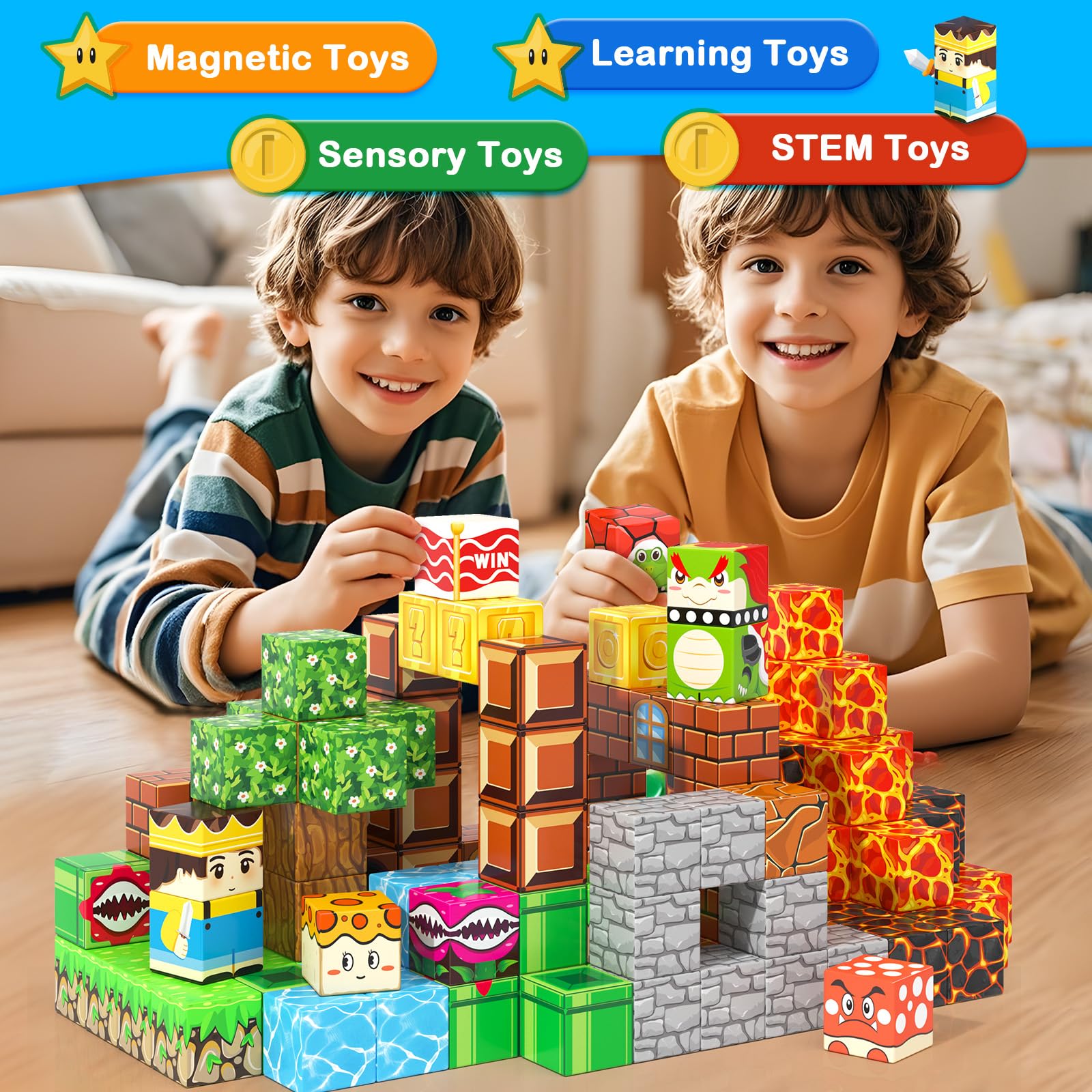 Magworld 100pcs Magnetic Blocks - Build Mine Magnet World Game Adventure Set STEM Building Toys for Kids 3+