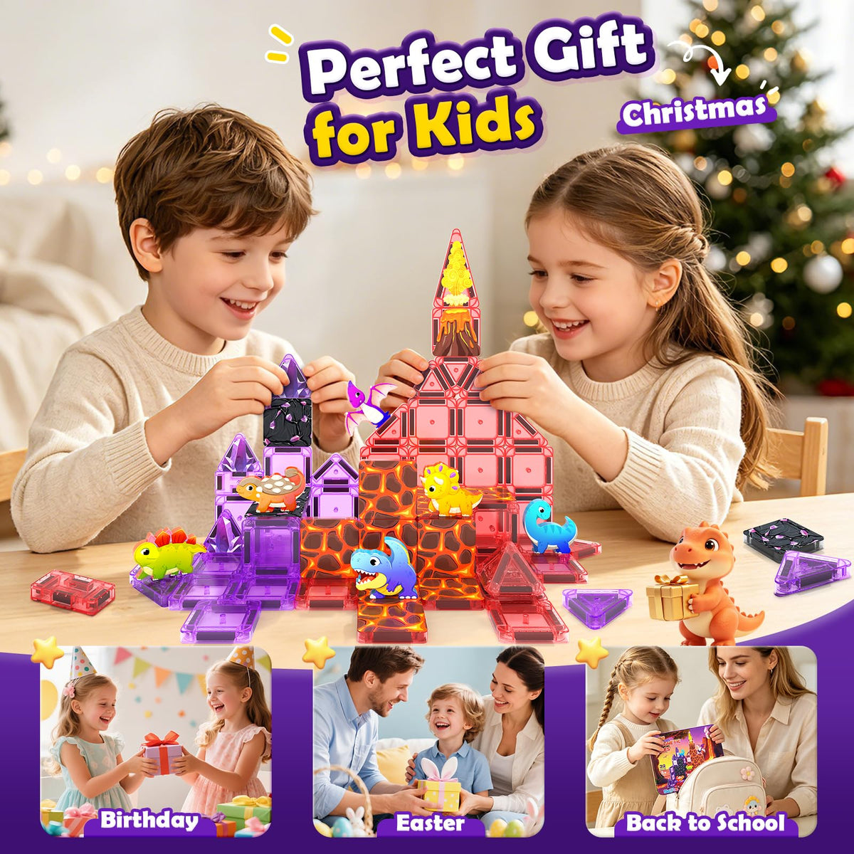 Mini Magnetic Tiles Kids Dinosaur Toys, Magnetic Blocks with 6 Dinosaurs