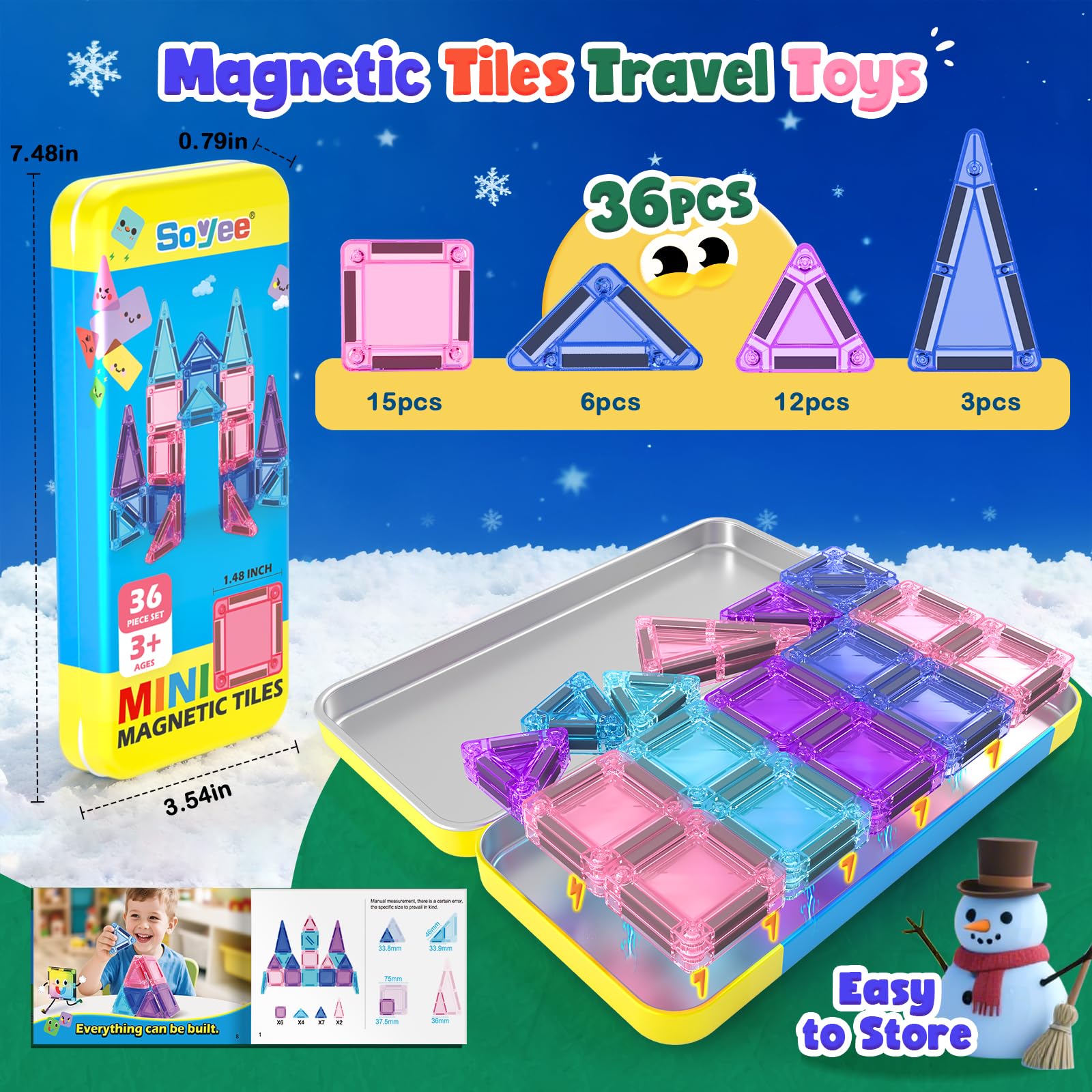 Magnetic Tiles Toddler Toys Travel Essential Games Magnet Building Blocks 36 PCS STEM Sensory Educational Toys