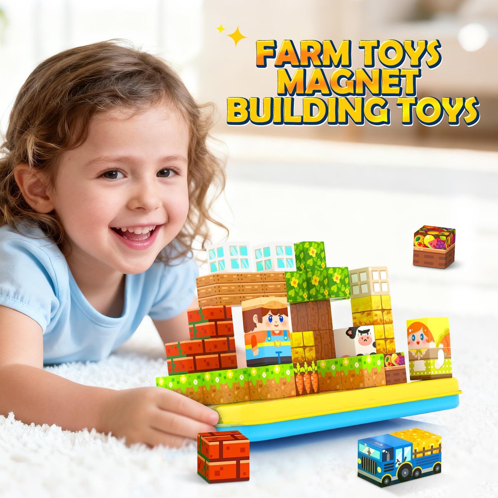 Magnetic Blocks Travel Toddler Toys Magnet Building Tiles 36 PCS Construction Cubes STEM Sensory Learning Farm Toys