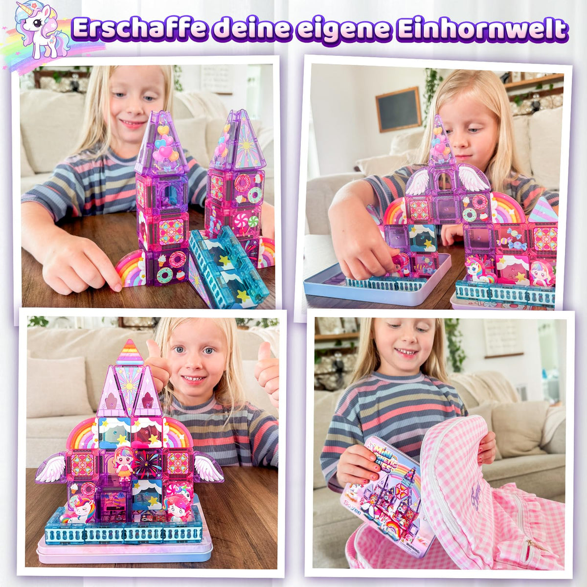Mini Magnetic Tiles Building Blocks with 4 Unicorn Toys Girls Toys Gifts